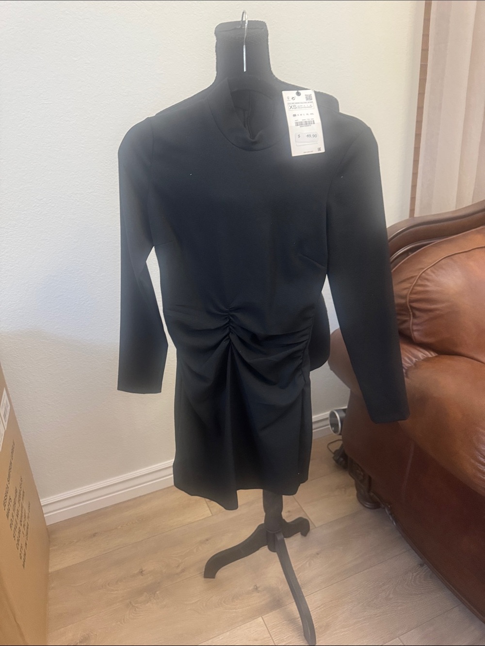 Zara Black Long-Sleeve Ruched Front Dress